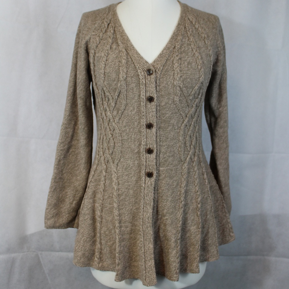 Cable Knit Cardigan Sweater with Ruffle Hem